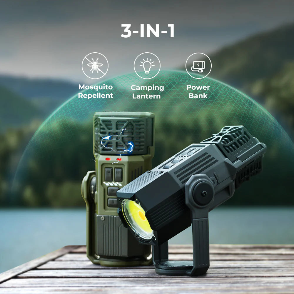 3-in-1 mosquito repellent, camping lantern, and power bank device on a wooden dock with a scenic background - camping gear - uk camping