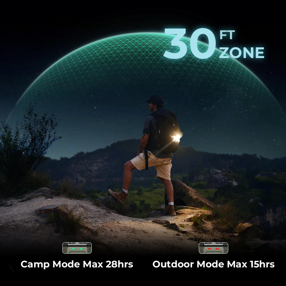 Person with Nomadia Accessory All-in-One Outdoor Mosquito Repeller & Light walking on a trail at night the repeller provide 30 FT Zone mosquito free zone and long battery life - camping equipment