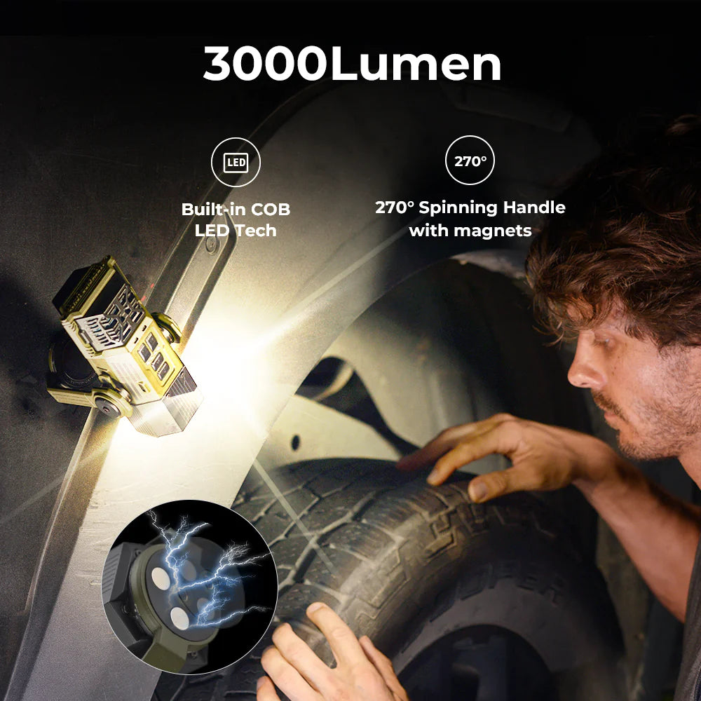 Person using Nomadia Accessory All-in-One Outdoor Mosquito Repeller & Light to check on a tire. indication of this light's lighting features - camping light - multi-purpose - multi-use