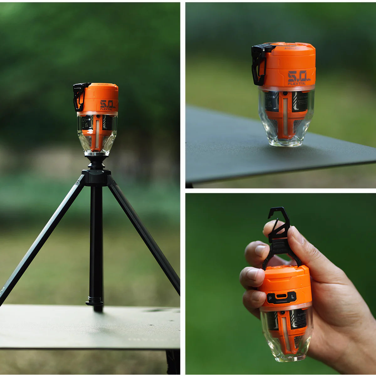 Nomadia Accessory High Speed 2-in-1 Rechargeable Air Pump with hook on a tripod, held in a hand, stand alone -camping light - uk camping