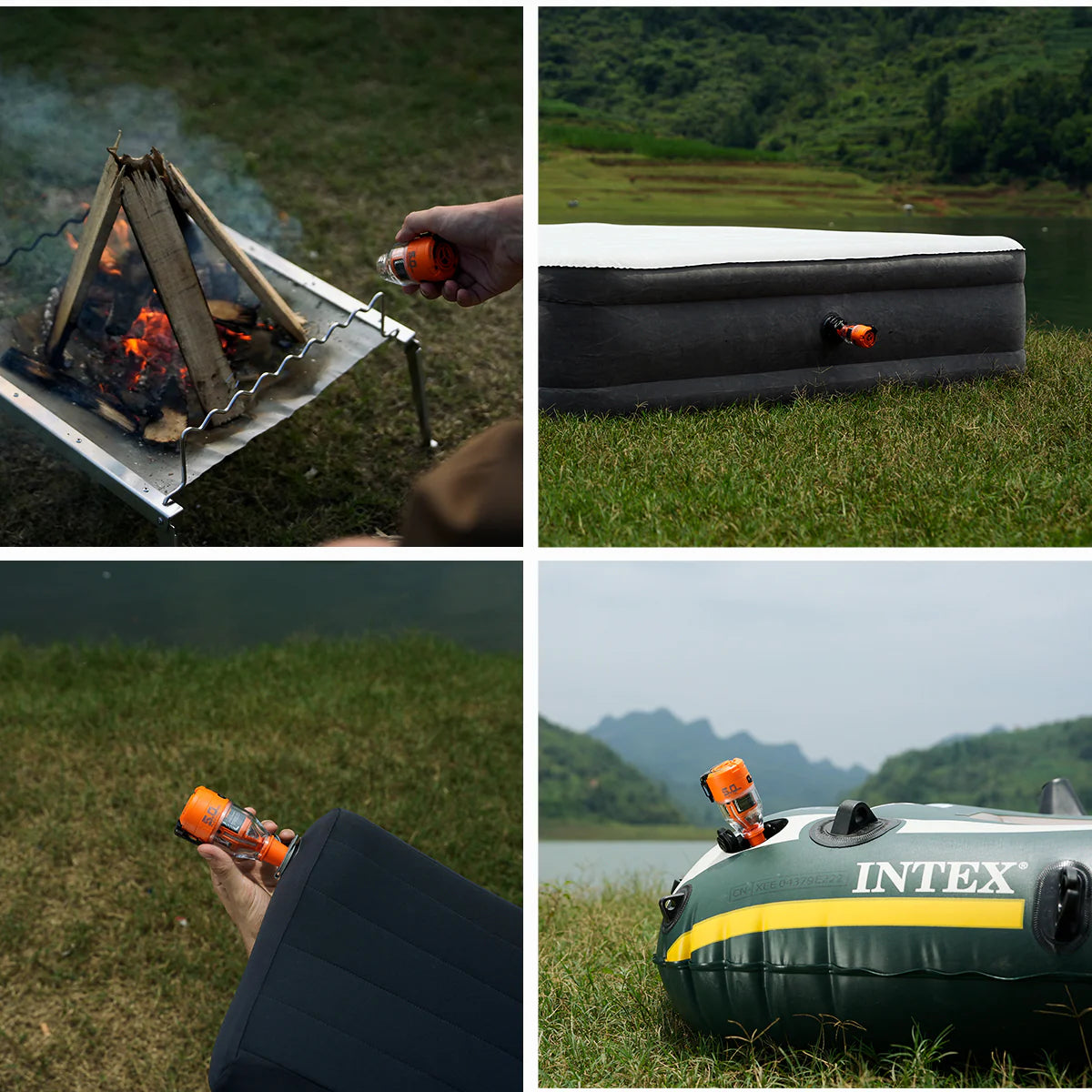 multi-use of Nomadia Accessory High Speed 2-in-1 Rechargeable Air Pump including outdoor activities to blow a fire pit, inflate boat, air mattress and camping scene.