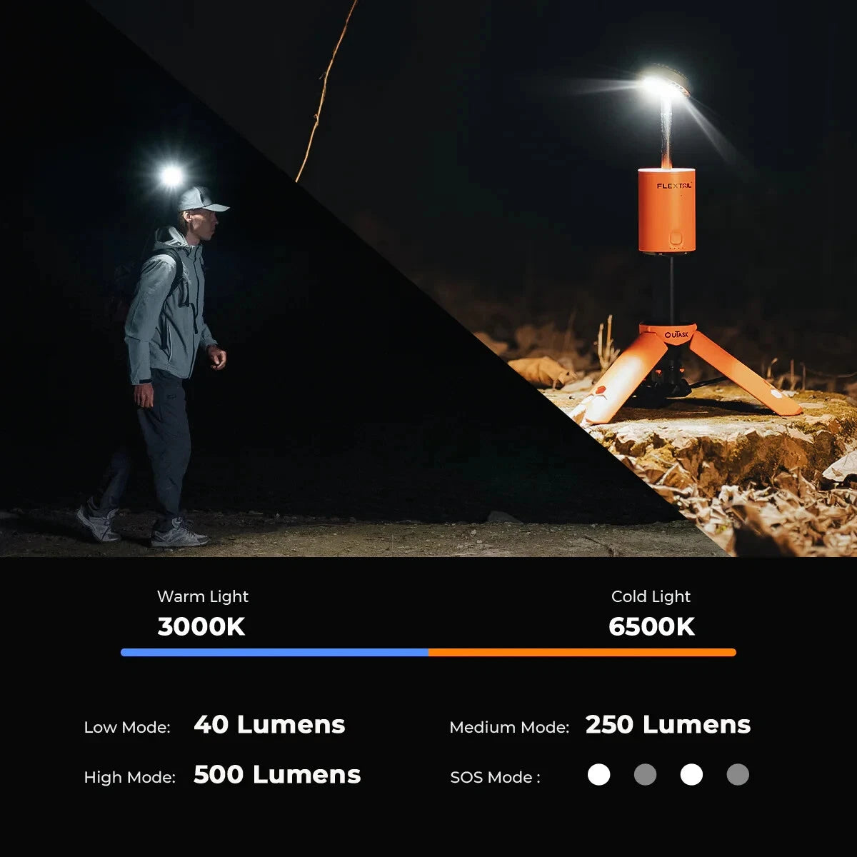 Nomadia Accessory OuTask x FLEXTAIL Telescopic Camping Lantern with lighting options displayed - product feature - lighting feature - camping light