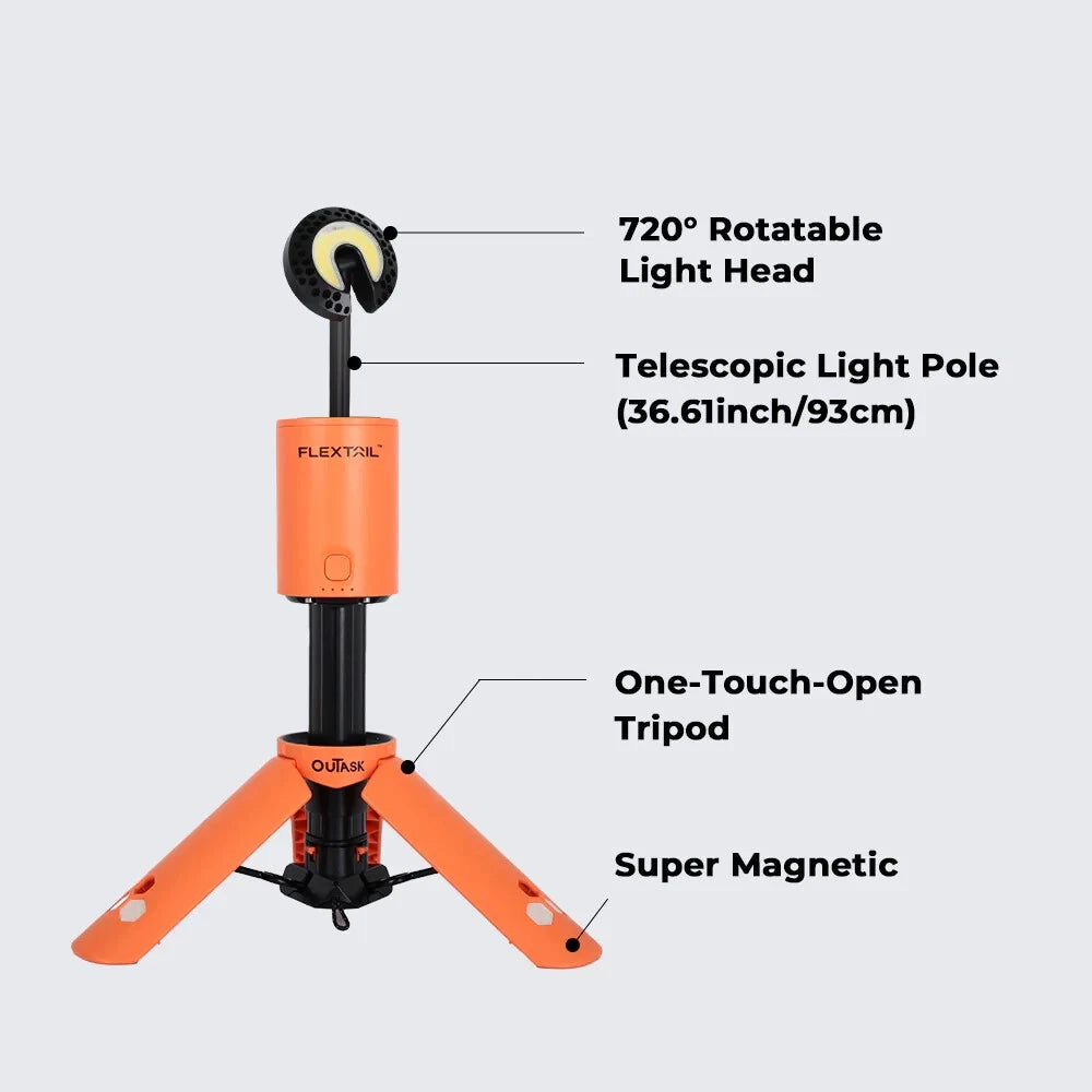 Nomadia Accessory OuTask x FLEXTAIL Telescopic Camping Lantern with features - 720 degree rotatable light head - telescopic light pole - one touch open tripod - super magnetic