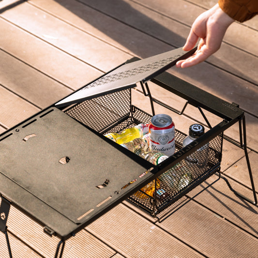 metal mesh basket in a modular table with drinks inside on wooden floor outdoor - storage use - camping gear - glamping - uk camping