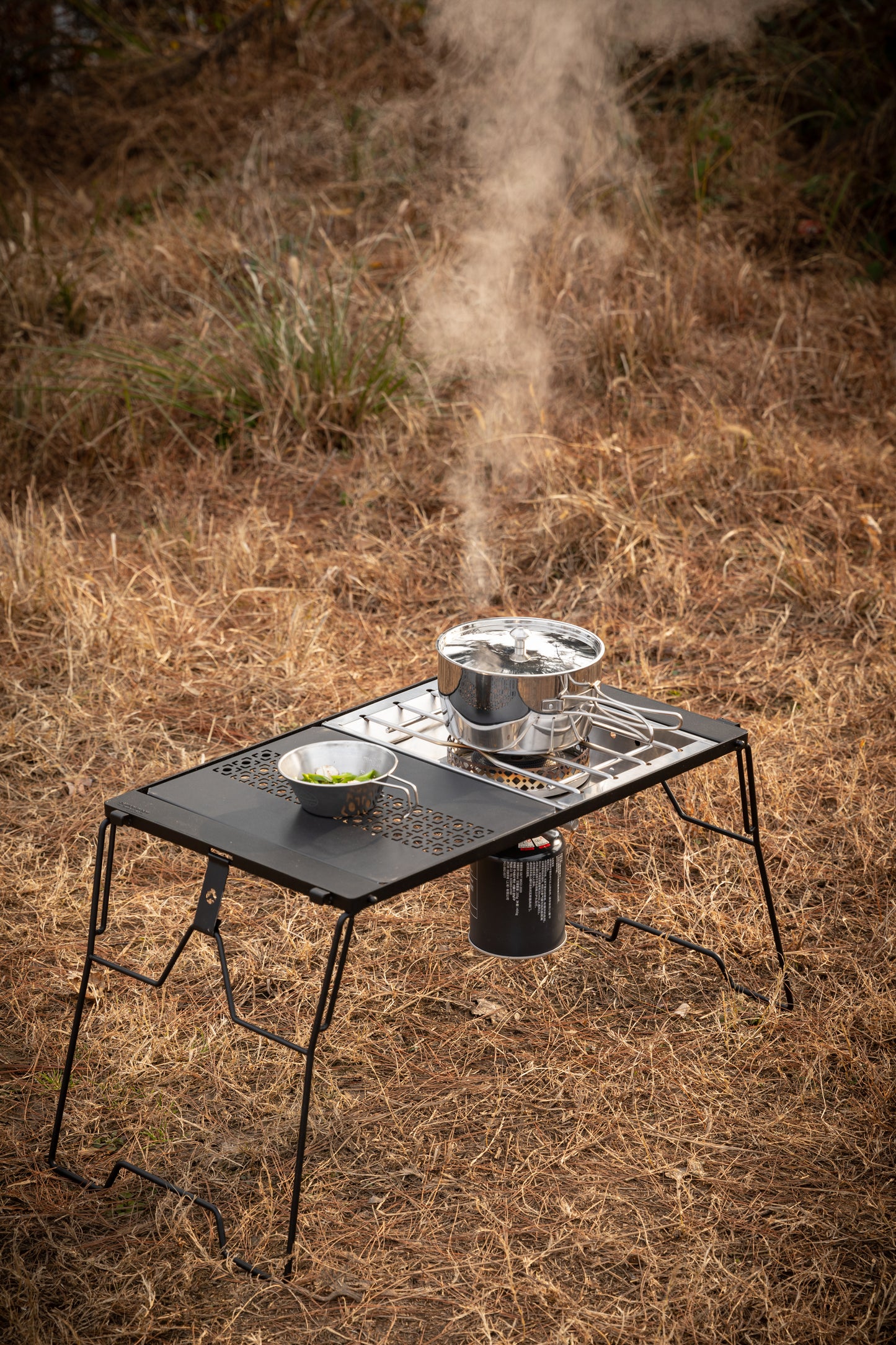 Portable Nomadia CampStation Stove Set with pots and pans on a modular camping table - uk camping - outdoor cooking facility - glamping