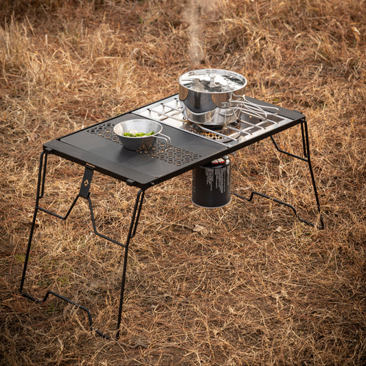 Portable Nomadia CampStation Stove Set with pots and pans on a modular camping table - uk camping - outdoor cooking facility - glamping