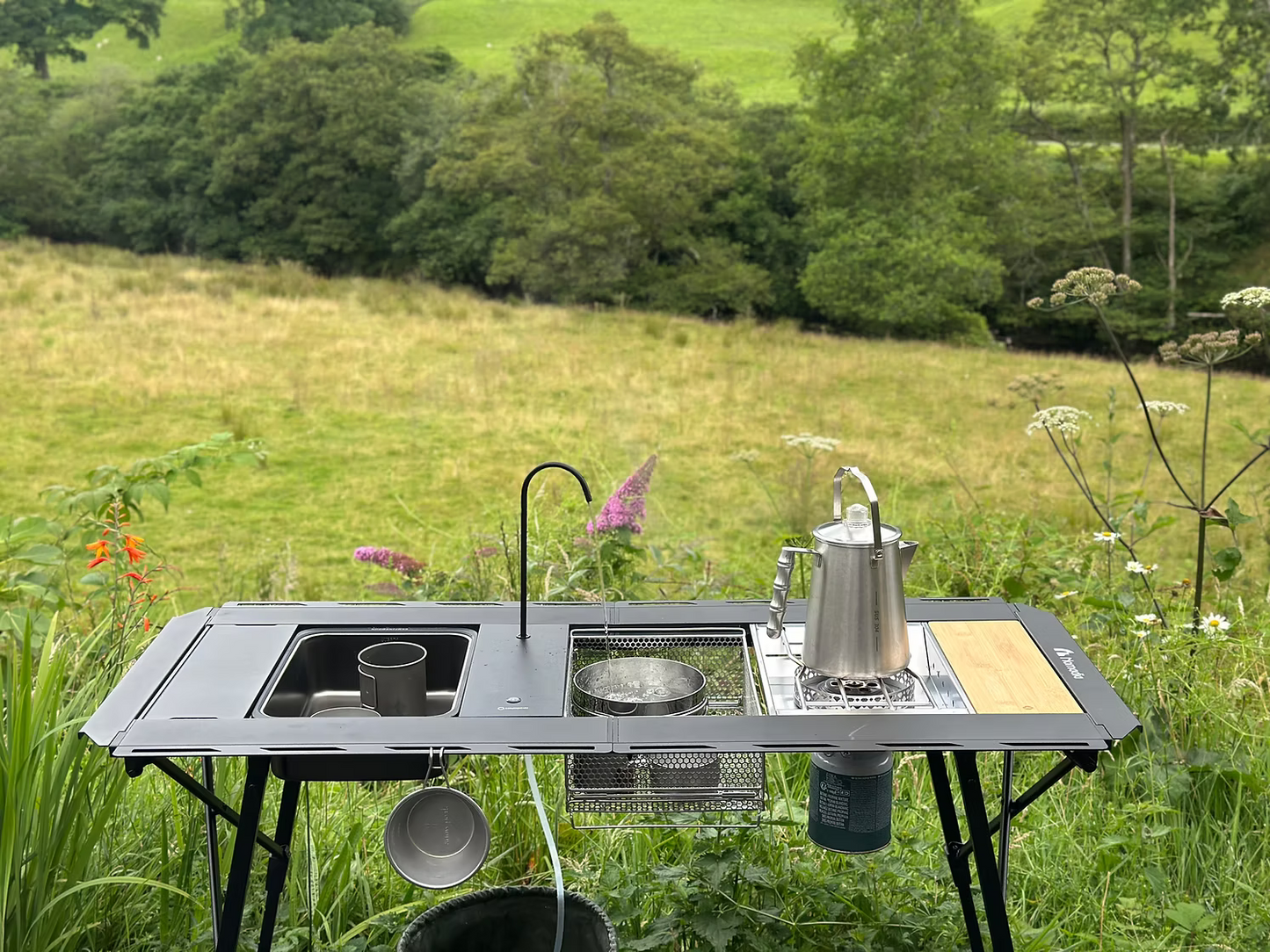 Portable - Folding - Heavy Duty - Compact - Camping Table - Table Set -Modular Flexibility - Modular Camping Table - water dispenser - stainless steel coffee pot - stove set - sink - mesh basket - camping - lifestyle