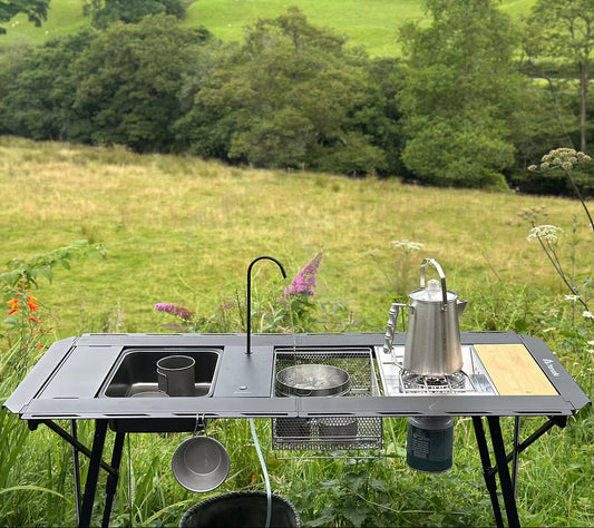 Portable - Folding - Heavy Duty - Compact - Camping Table - Table Set -Modular Flexibility - Modular Camping Table - water dispenser - stainless steel coffee pot - stove set - sink - mesh basket - camping - lifestyle