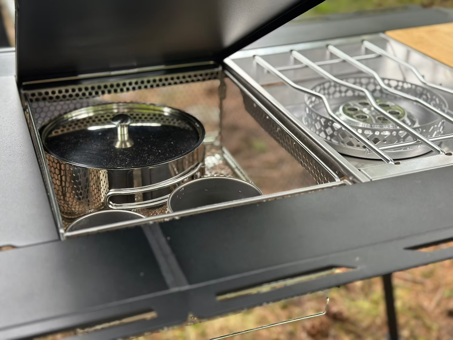 Portable - Folding - Heavy Duty - Compact - Camping Table - Table Set -Modular Flexibility - Modular Camping Table - stove set - mesh basket - camping - lifestyle - outdoor cooking - cooking equipment - outdoor gear