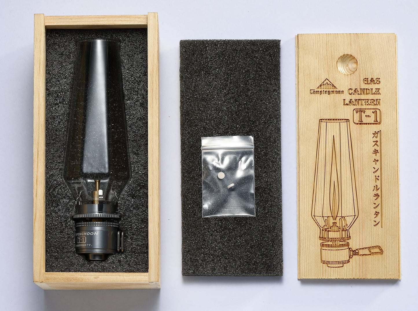 vintage styled camping gas lamp in wooden storage box, black soft cushion inner packaging, and laser-engraved label. for wildcamping, indoor, outdoor atmosphere