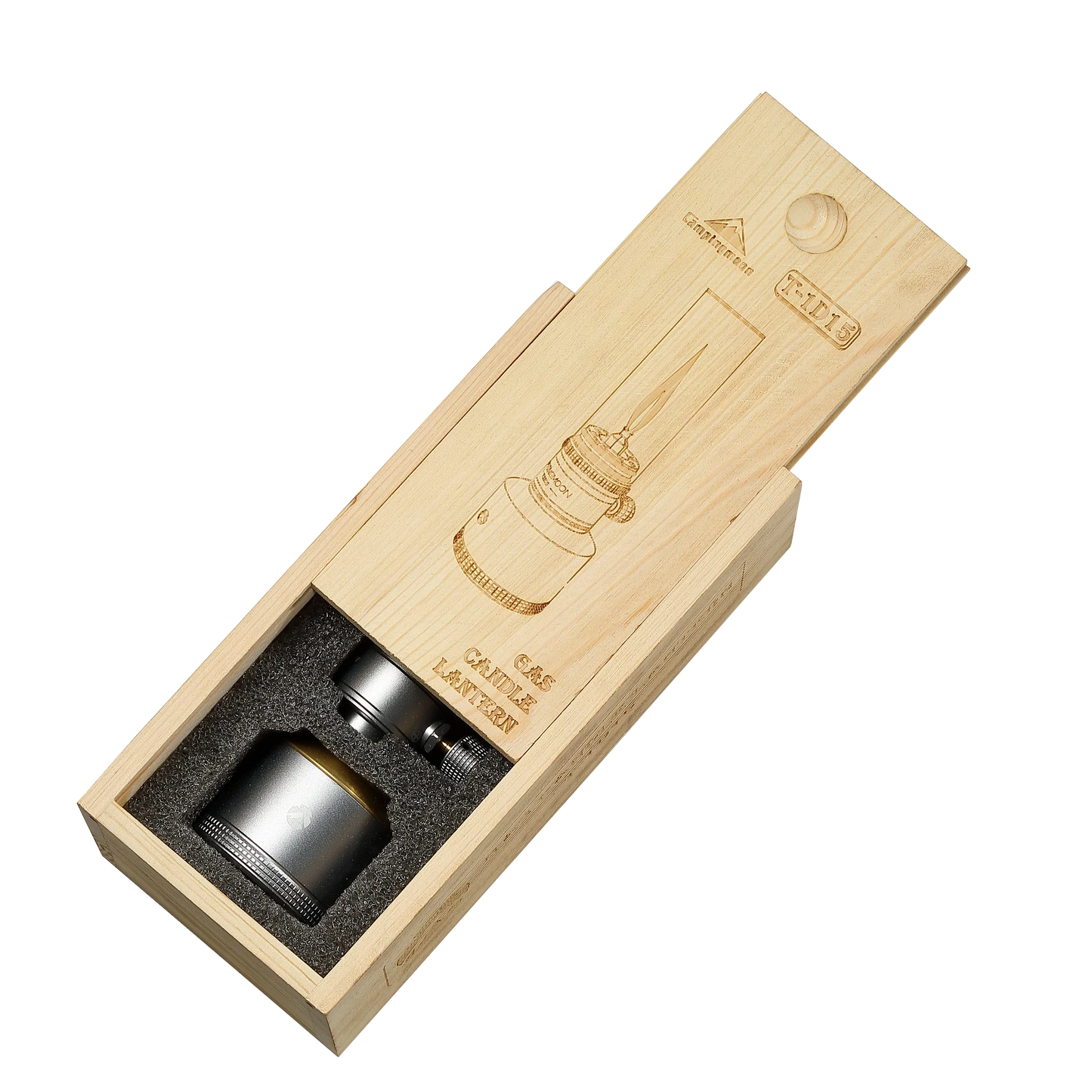 Wooden box with a silver candle holder inside for Nomadia Camping Light Candle-Style Gas Camping Lamp Set