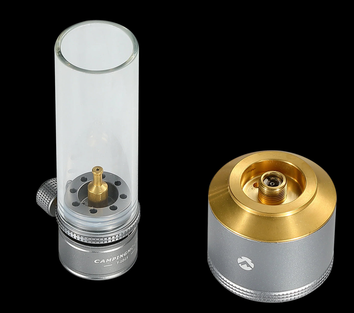 components of Nomadia Camping Light Candle-Style Gas Camping Lamp Set with gold and silver finishes - uk camping
