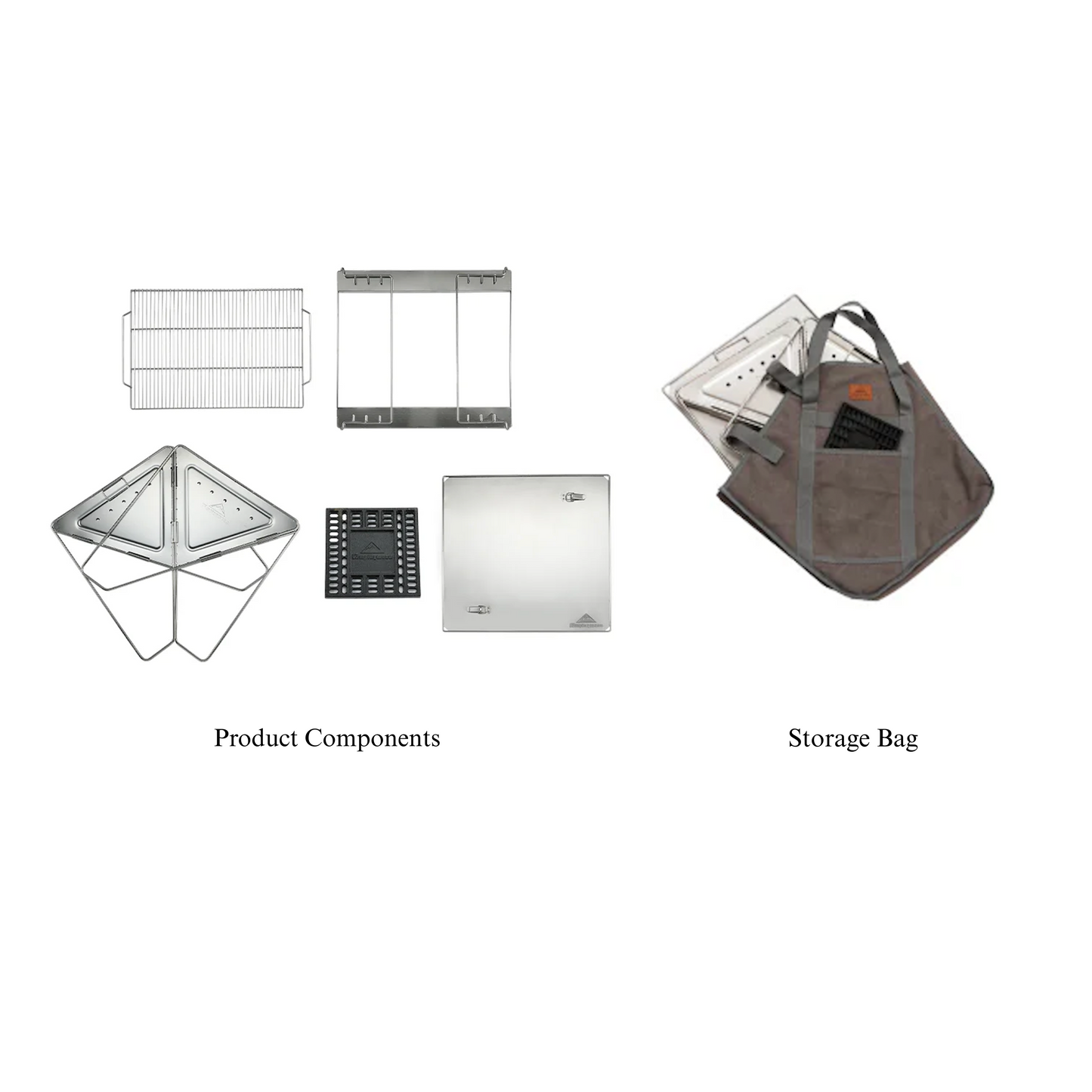 Product components and storage bag for Nomadia's Flamo Portable Folding BBQ Grill and Fire Pit