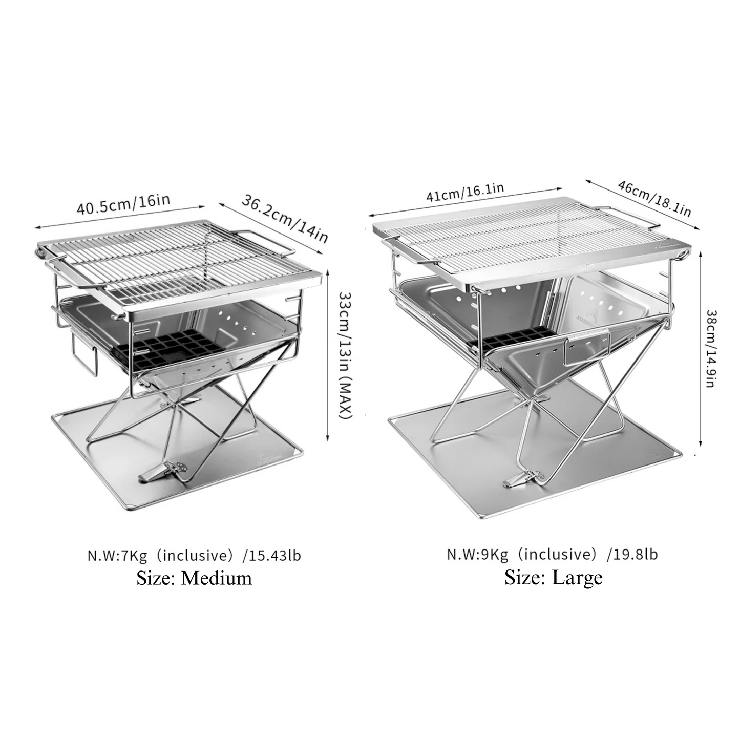 Two sizes of Nomadia's Flamo Portable Folding BBQ Grill and Fire Pit with dimensions and weight information - size chart -measurement