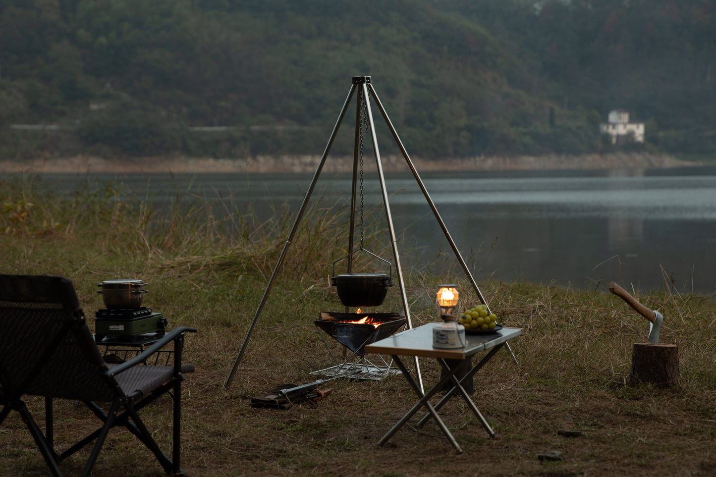 Nomadia Flamo Stainless Steel Quadripod Wild Camping Barbecue Campfire Glamp - Stainless Steel Quadripod - firepit - fire grill - outdoor gear - camping equipment - lake -camping - lakeside camping - camping with a fire - camping campfire