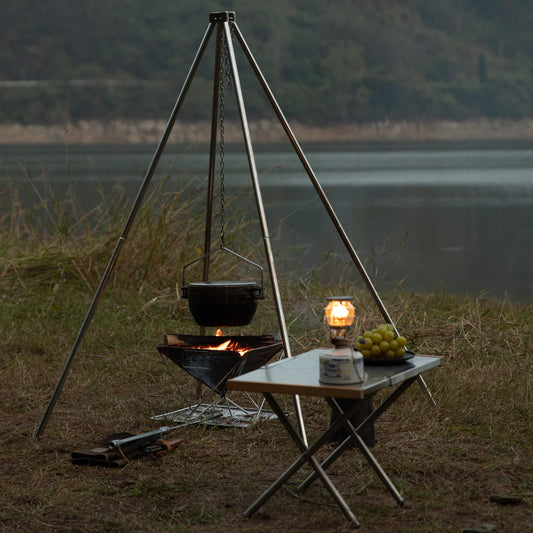Nomadia Flamo Stainless Steel Quadripod Wild Camping Barbecue Campfire Glamp - Stainless Steel Quadripod - firepit - fire grill - outdoor gear - camping equipment - lake -camping - lakeside camping - camping with a fire - camping campfire