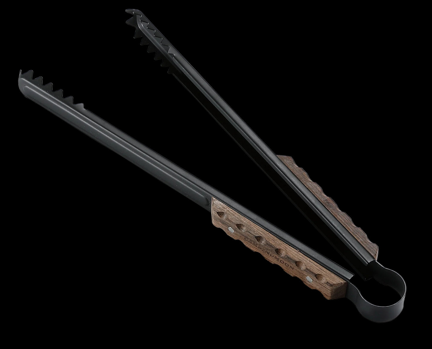 Nomadia Flamo Wood Handle heavy duty Outdoor Tongs Black metal tongs with textured handles and crocodile grip - camping gear - uk camping - camping essential