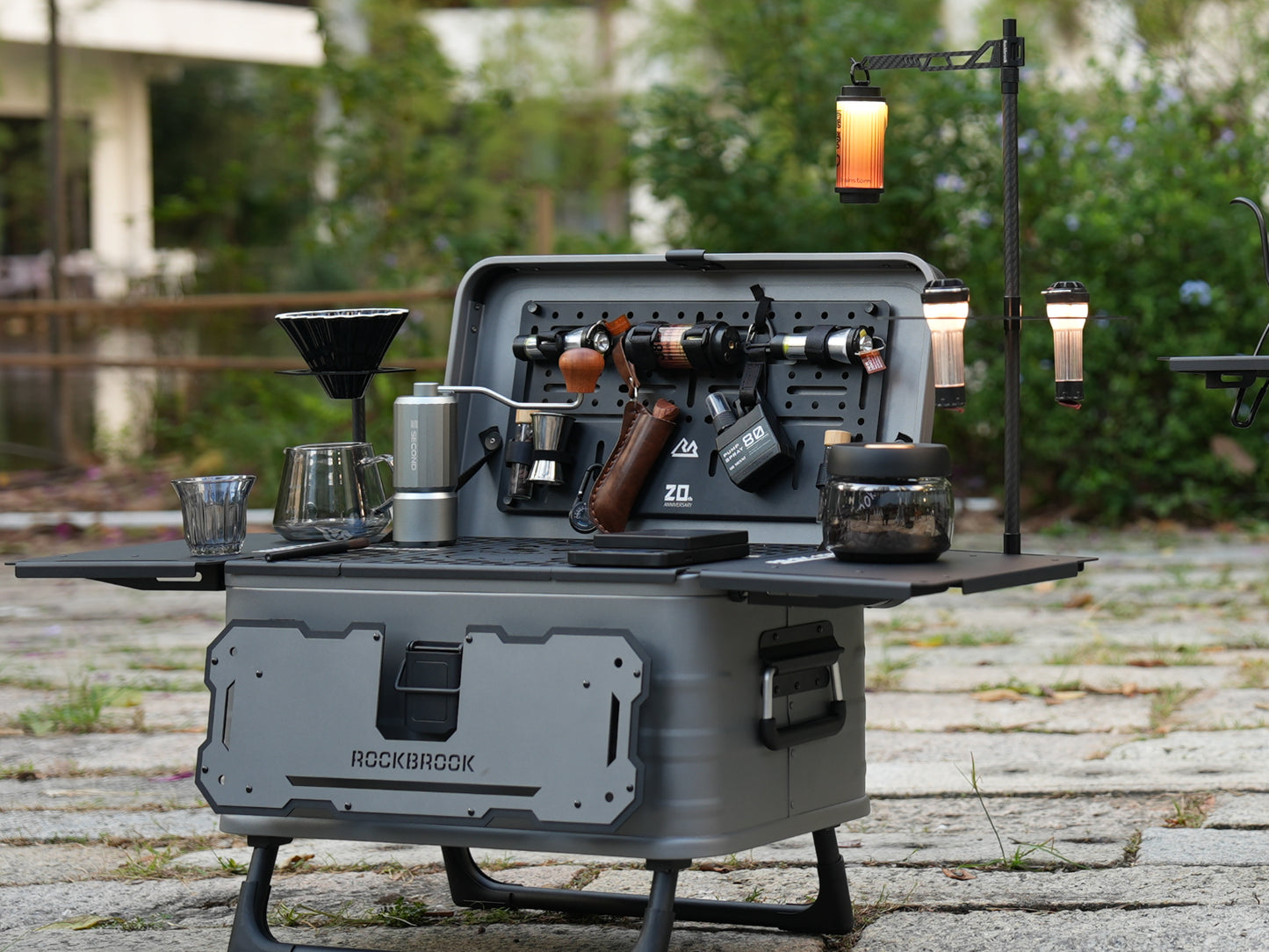 30L Nomadia ModoBox 2in1 camping table and storage box set up with various cooking utensils - camping gear - glamping - uk camping