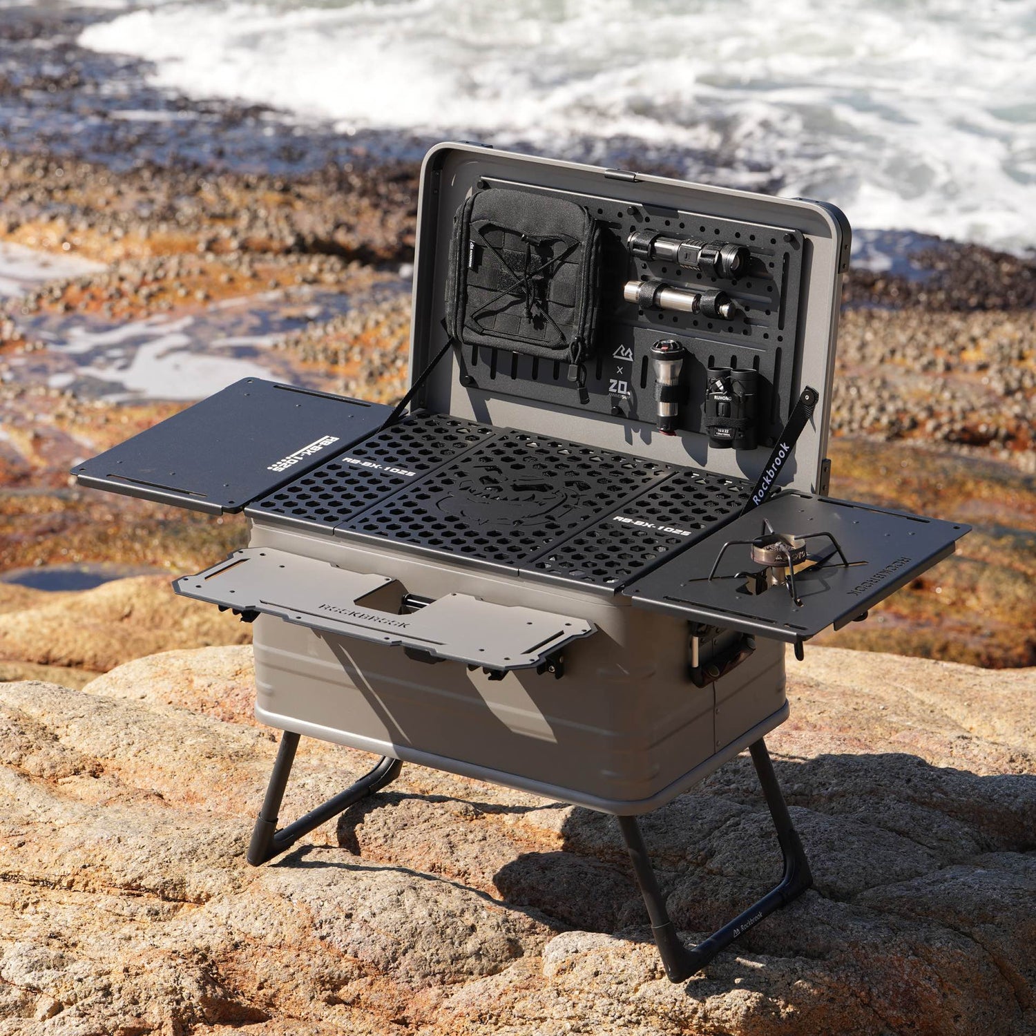 50L Nomadia ModoBox 2in1 camping table and storage box  open up with kitchen stove on rock - wildcamping - camping gear - uk camping