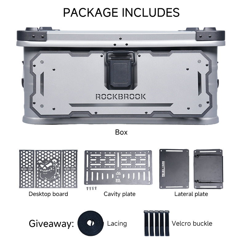 product packaging with components list for Nomadia ModoBox 2in1 camping table and storage box - camping gear - wildcamping - uk camping