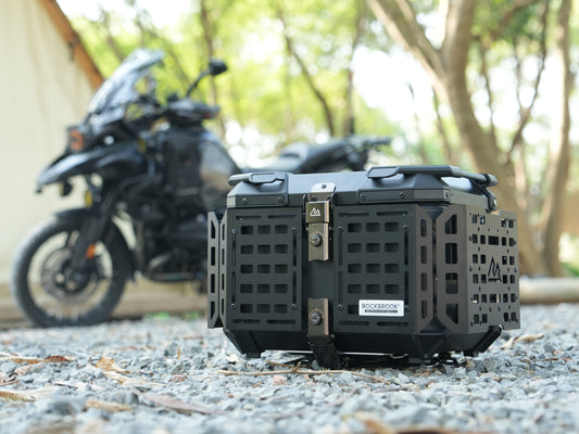 Black Nomadia ModoBox ArmorFold 45 Motorcycle Trunk & Camping Table storage crate - camping - overlanding trip - overlanding in uk - uk camping
