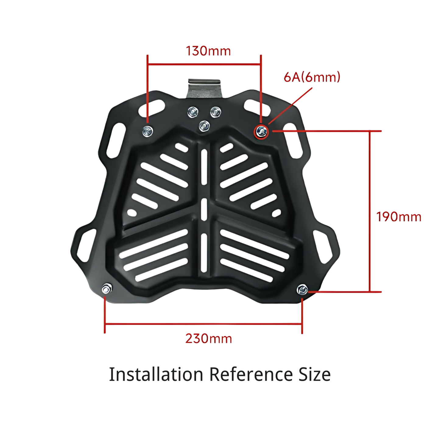 measurement and installation reference size of the base plate for Nomadia ModoBox ArmorFold 45 Motorcycle Trunk Camping Table