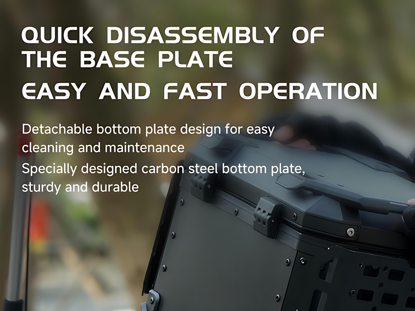 Nomadia ModoBox ArmorFold 45 Motorcycle Trunk Camping Table with detachable base plate for cleaning and maintenance, quick disassembly and ease of use.