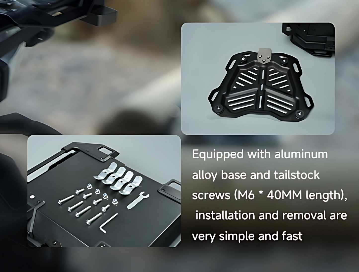 close up and product components of the base plate for Nomadia ModoBox ArmorFold 45 Motorcycle Trunk Camping Table