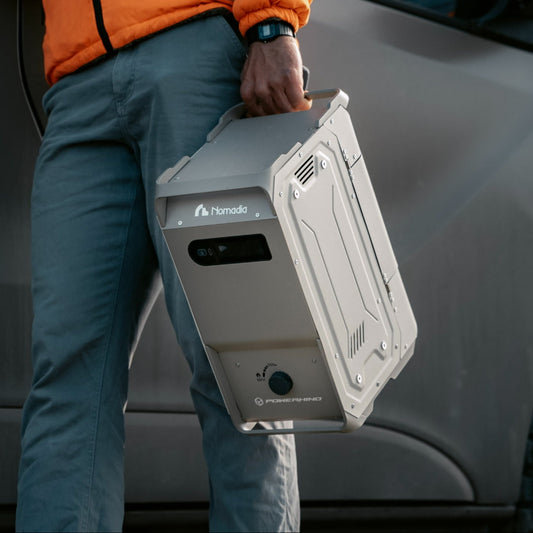 Person holding Nomadia's thermoflow - portable shower world’s most compact portable shower system next to a van