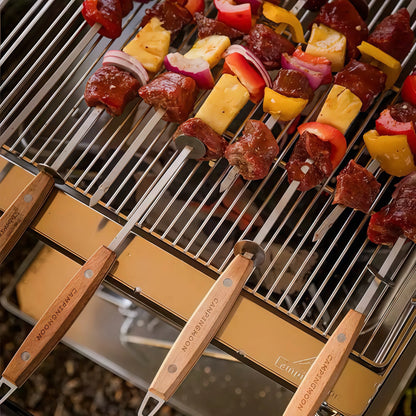 Stainless Steel Flat Skewer With Beechwood Handle & Slider Plate (8pc) - Premium Quality Grilling and BBQ Tools