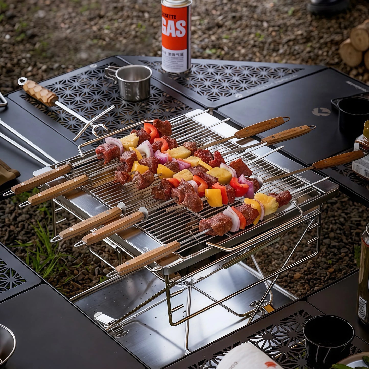 Stainless Steel Flat Skewer With Beechwood Handle & Slider Plate (8pc) - Premium Quality Grilling and BBQ Tools