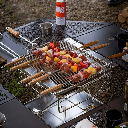 Stainless Steel Flat Skewer With Beechwood Handle & Slider Plate (8pc) - Premium Quality Grilling and BBQ Tools