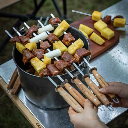 Stainless Steel Flat Skewer With Beechwood Handle & Slider Plate (8pc) - Premium Quality Grilling and BBQ Tools