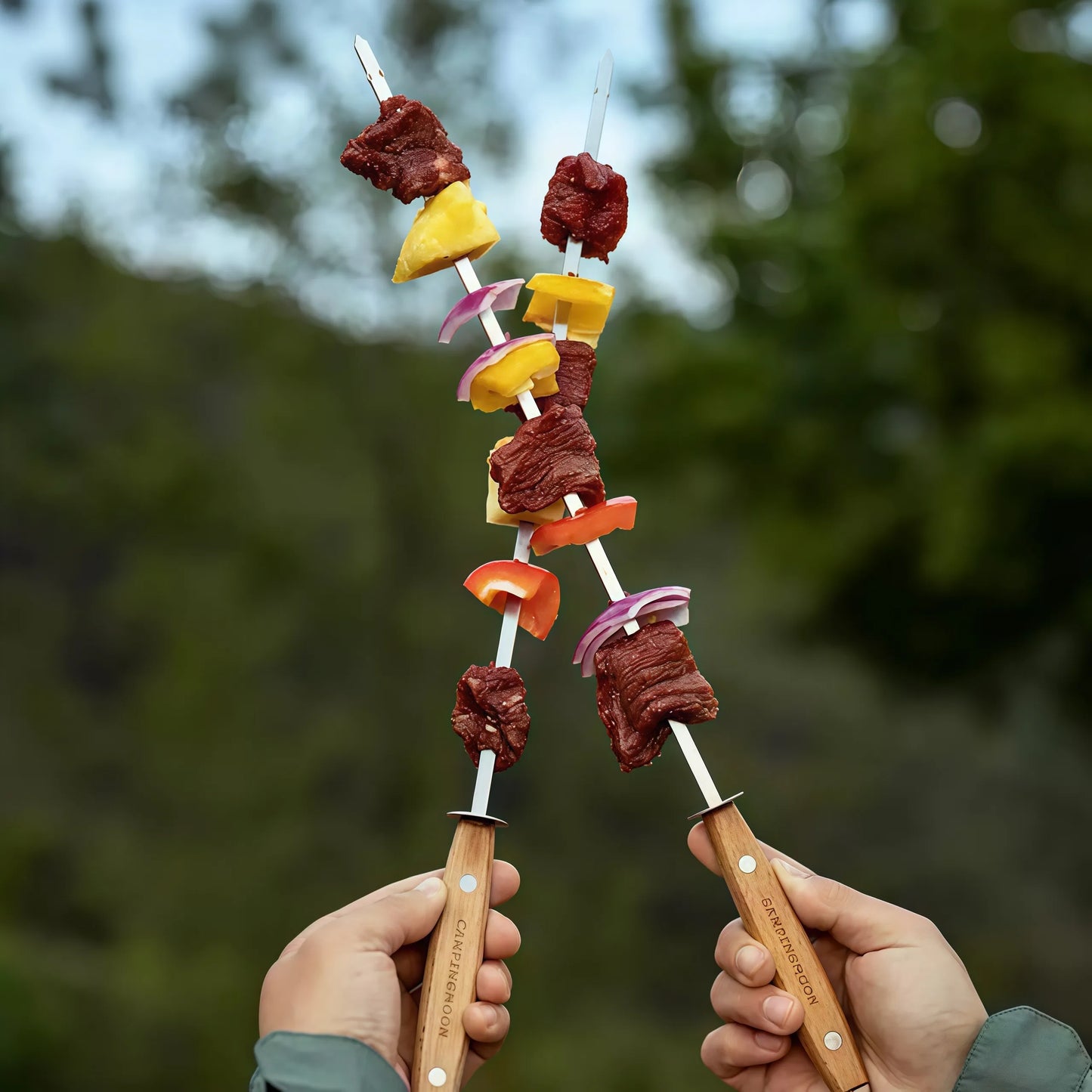 Stainless Steel Flat Skewer With Beechwood Handle & Slider Plate (8pc) - Premium Quality Grilling and BBQ Tools