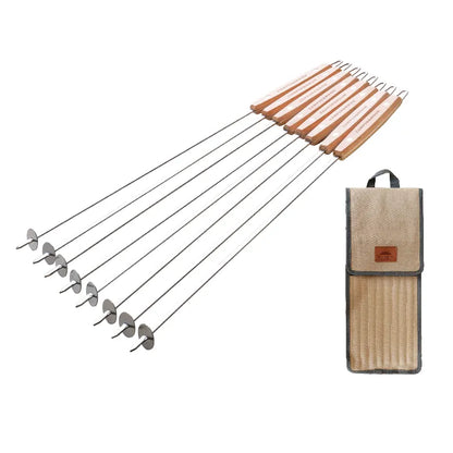 Stainless Steel Flat Skewer With Beechwood Handle & Slider Plate (8pc) - Premium Quality Grilling and BBQ Tools