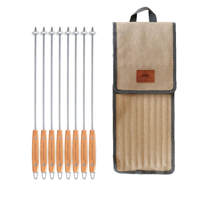 Stainless Steel Flat Skewer With Beechwood Handle & Slider Plate (8pc) - Premium Quality Grilling and BBQ Tools