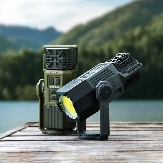 Nomadia Accessory All-in-One Outdoor Mosquito Repeller & Light on a wooden dock with a scenic background of water and trees - camping light - mosquito repellent - insect repellent - camping gear