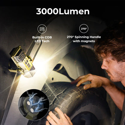 Person using Nomadia Accessory All-in-One Outdoor Mosquito Repeller & Light to check on a tire. indication of this light's lighting features - camping light - multi-purpose - multi-use