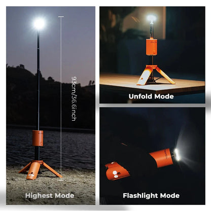 Nomadia Accessory OuTask x FLEXTAIL Telescopic Camping Lantern showing different modes and dimensions - camping gear - camping light