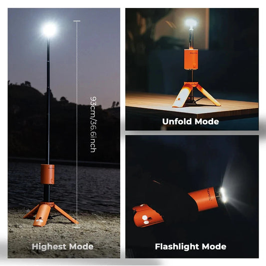 Nomadia Accessory OuTask x FLEXTAIL Telescopic Camping Lantern showing different modes and dimensions - camping gear - camping light