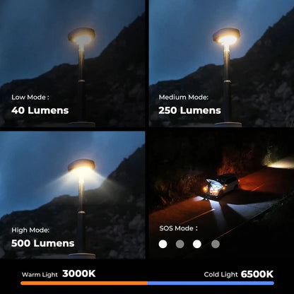 Lighting modes comparison of Nomadia Accessory OuTask x FLEXTAIL Telescopic Camping Lantern with different lumens - camping gear - uk camping