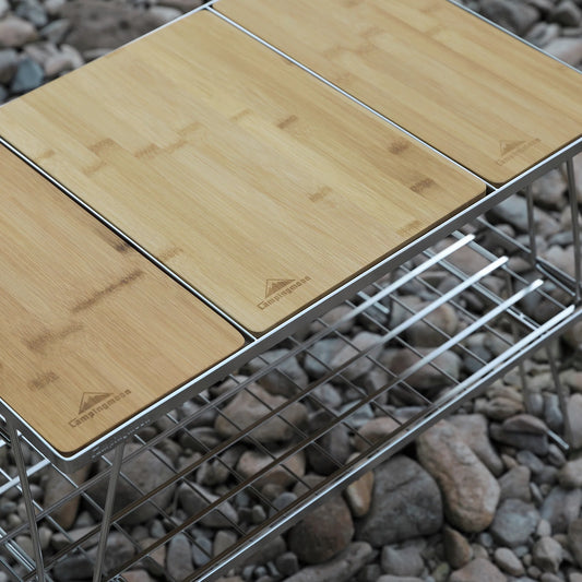 0.5 unit and 1 unit Nomadia CampStation Bamboo Chopping Board on a modular camping table - camping essential - cooking utensil - cutting board 