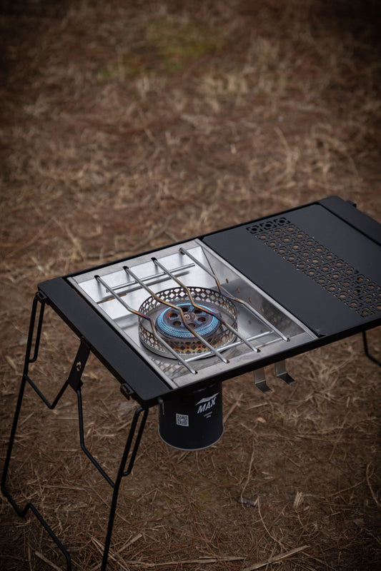Portable gas stove on a camping modular table campstation - uk camping - outdoor cooking equipment - glamping