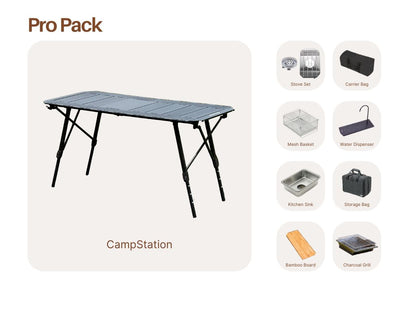 Folding camping table with Pro Pack accessories CampStation Modular System pack offer - bundle sale - camping table - stove set - mesh basket - water dispenser - kitchen sink - storage bag - chopping board - bamboo board -charcoal grill - 0.5unit - half unit
