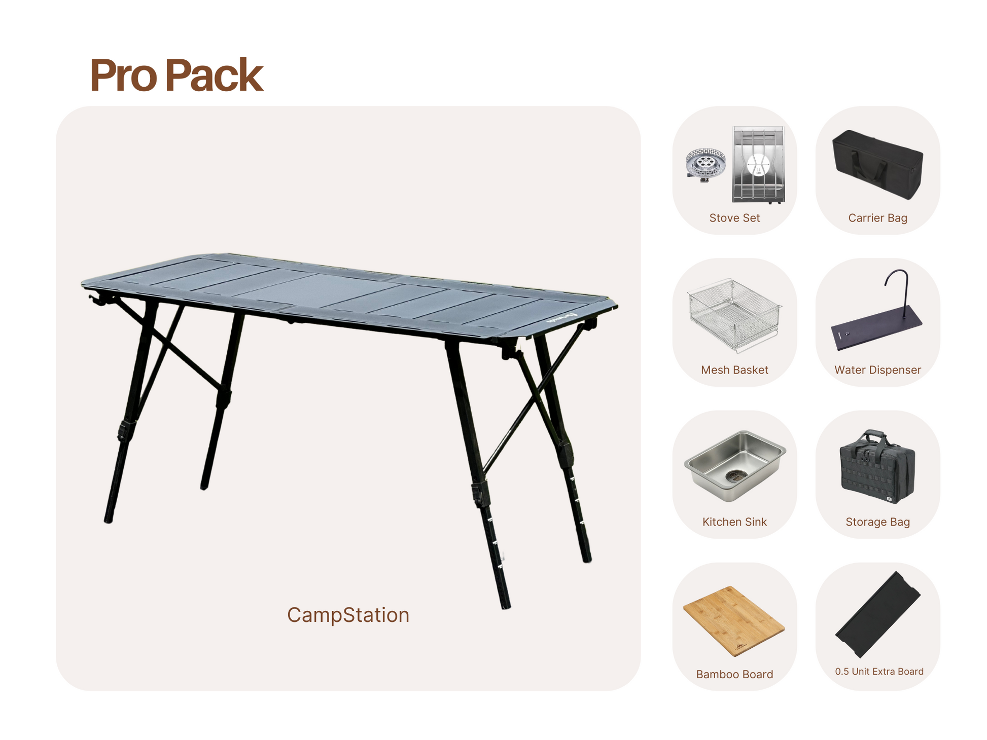 CampStation Modular System pack offer - bundle sale - camping table - stove set - mesh basket - water dispenser - kitchen sink - storage bag - chopping board - bamboo board - extra board - 0.5unit - half unit