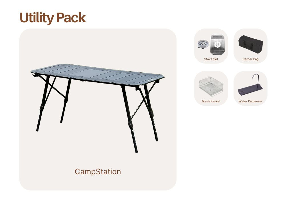 Folding table with camping accessories CampStation Modular System pack offer - bundle sale - camping table - stove set - mesh basket - water dispenser