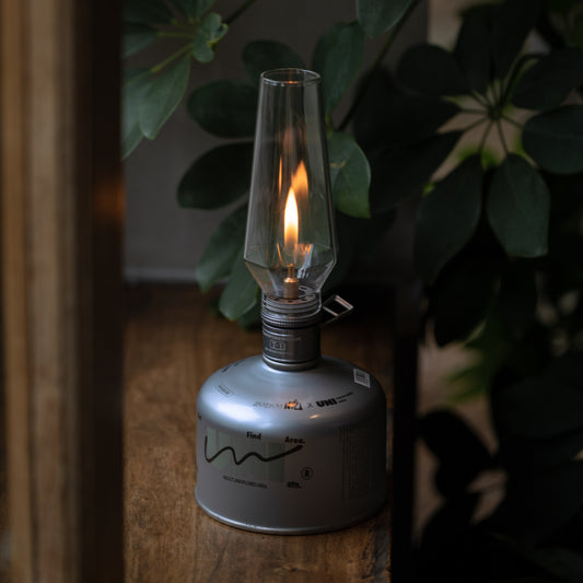 wildcamping - camping with a fire - camping lamp with gas canister - wooden table and green plants - calming atmospheric scene
