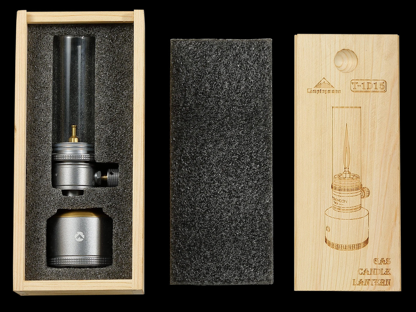 Candle lantern set with wooden packaging and laser engraving and black cushioned protection for Nomadia Camping Light Candle-Style Gas Camping Lamp Set