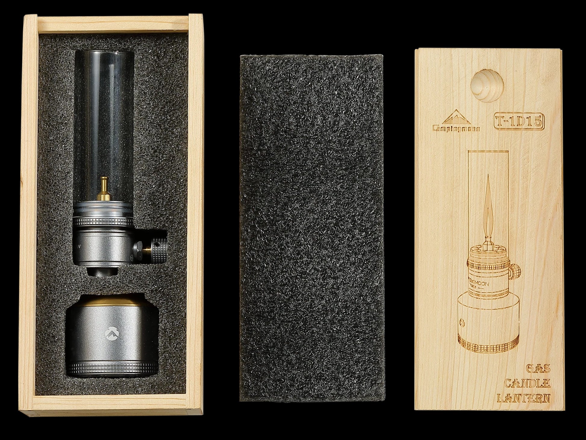 Candle lantern set with wooden packaging and laser engraving and black cushioned protection for Nomadia Camping Light Candle-Style Gas Camping Lamp Set