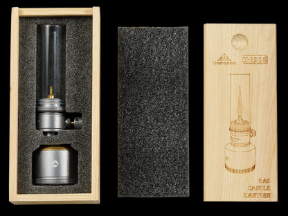 Candle lantern set with wooden packaging and laser engraving and black cushioned protection for Nomadia Camping Light Candle-Style Gas Camping Lamp Set
